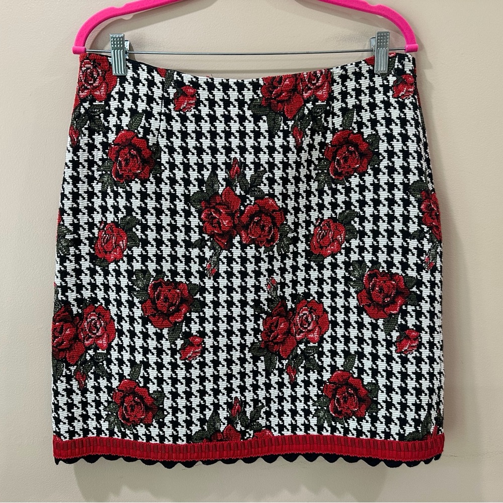 Sara Campbell Houndstooth Rose Pencil Skirt Red Scallop Trim Lined Womens 12 USA